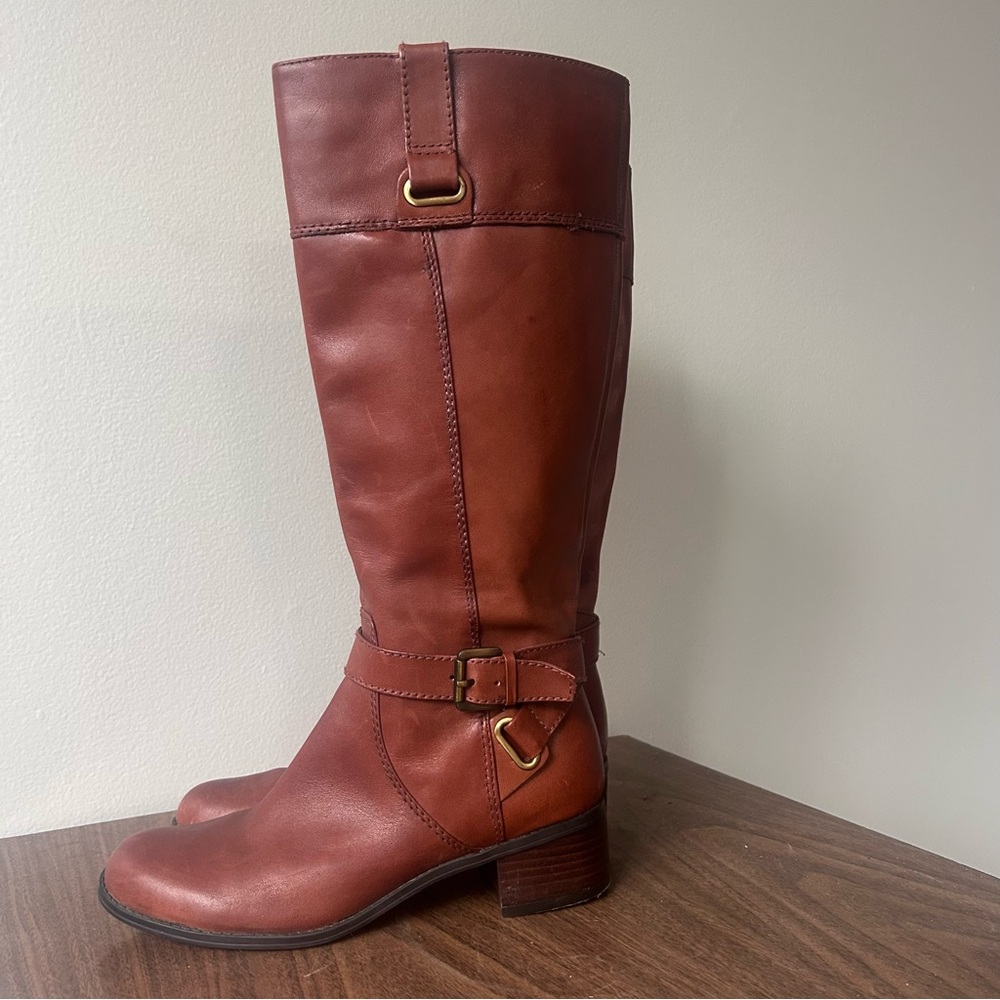 Bandolino Brown Leather Knee High Riding Boots Size 6.5 Zip Ankle Buckle Heel
